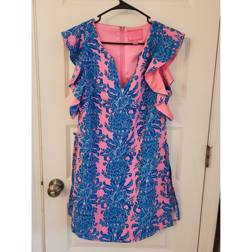 Lilly Pulitzer Donna Romper Pink Blue Floral Ruffle Wrap Skirt Size S